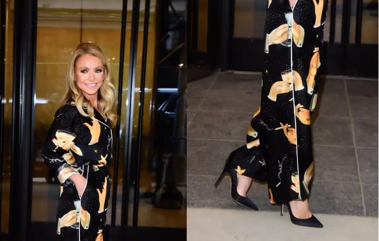 Kelly Ripa's Martini-Printed Silk Pajamas and Pointed-Toe Pumps: A ...